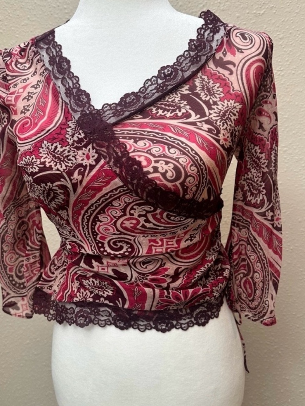 VTG Y2K 100% Silk Paisley Fairy Wrap Top Lace Purple Pink Banana Republic Sz S